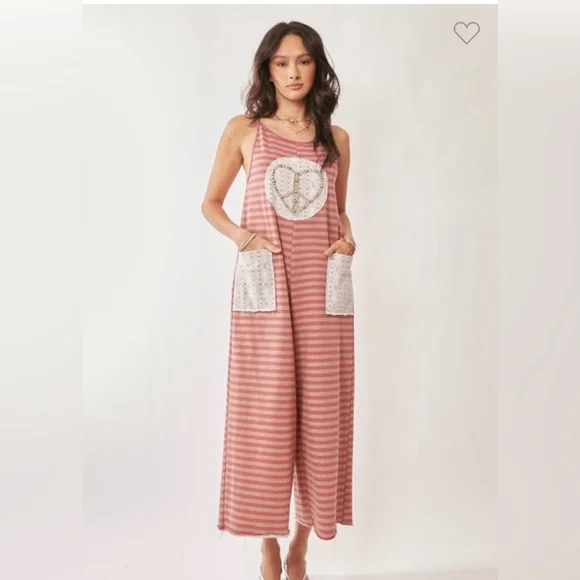 Striped Pink Overalls with Heart Design. Striped French Terry Heart Jumpsuit - Picture 2 of 6